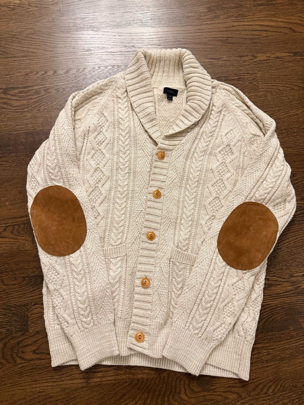 J. Crew Cream Cable-Knit Shawl Cardigan with Tan Elbow Patches